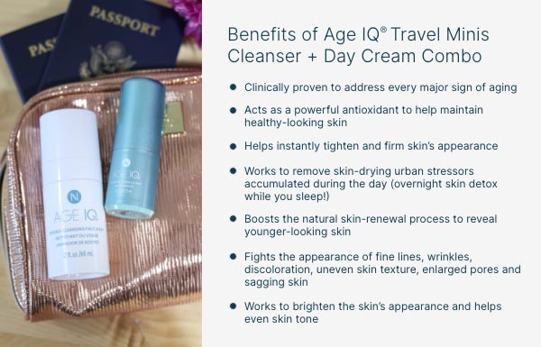 Infographic of the benefits of using the Age IQ Travel Minis Cleanser & Day Cream Combo